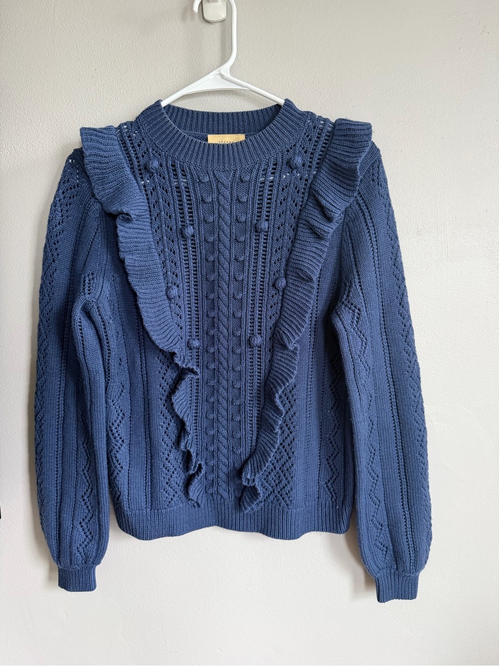 Sezane Manoush Ruffle Crewneck Sweater Wool Navy S